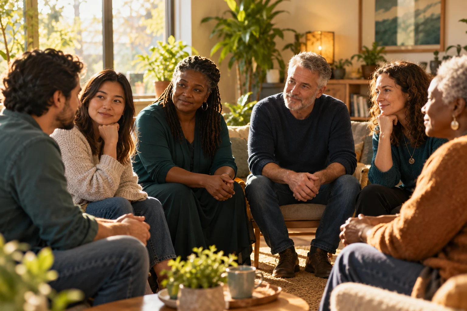 Concept image of adults listening and connecting in a small community conversation