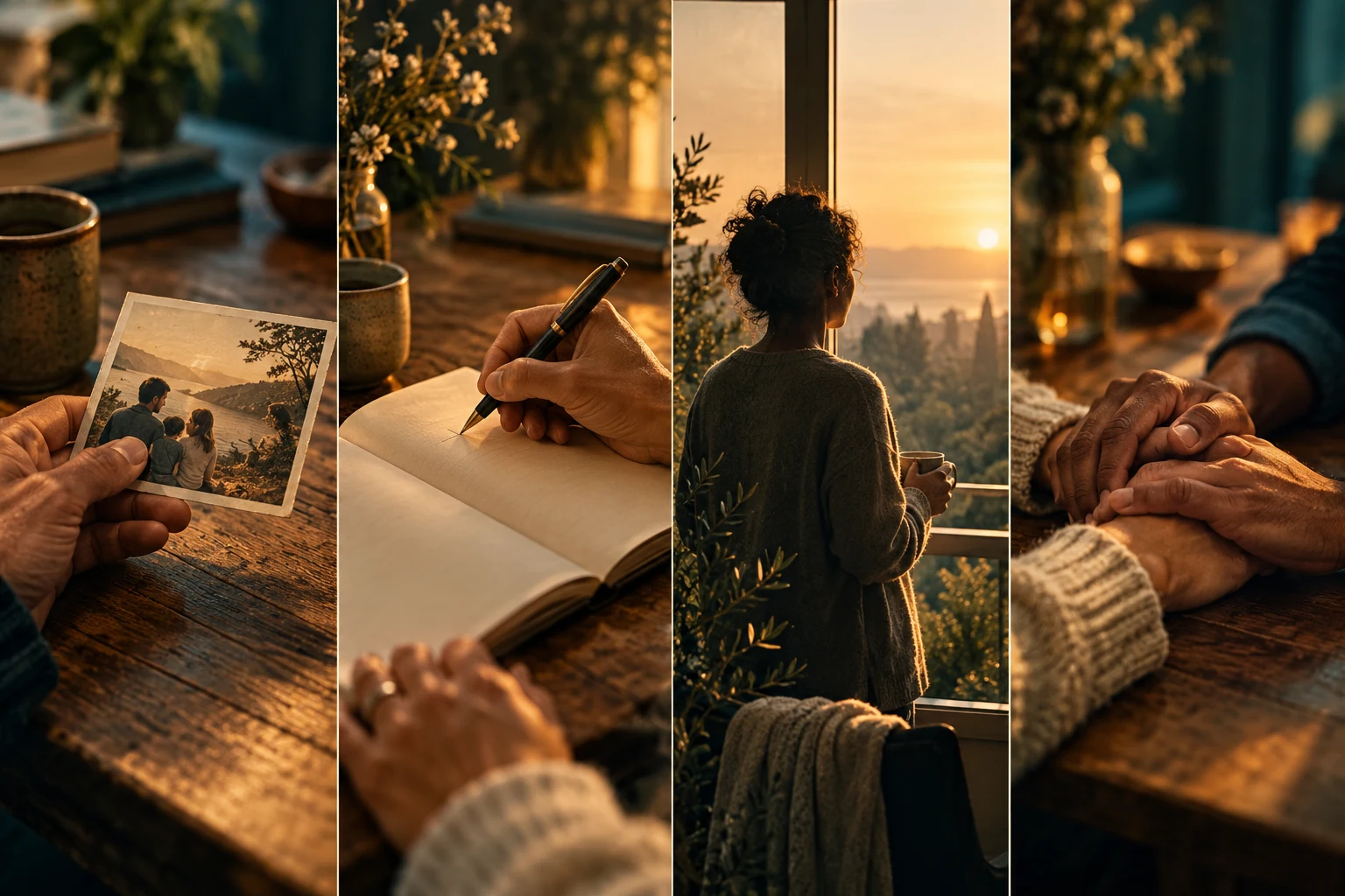 Concept imagery of a meaningful photograph, a journal, a quiet pause and a supportive hand